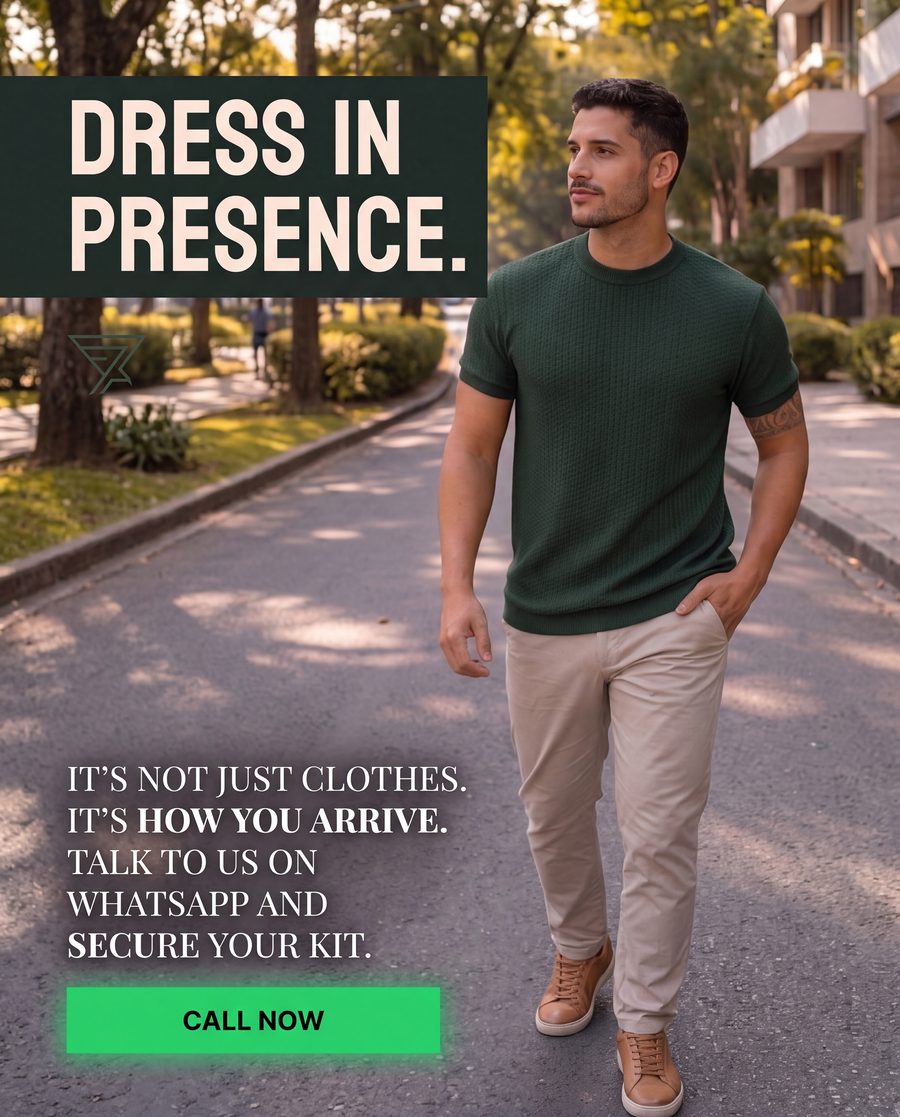 Ad: Dress in presence, man walking on a tree-lined street