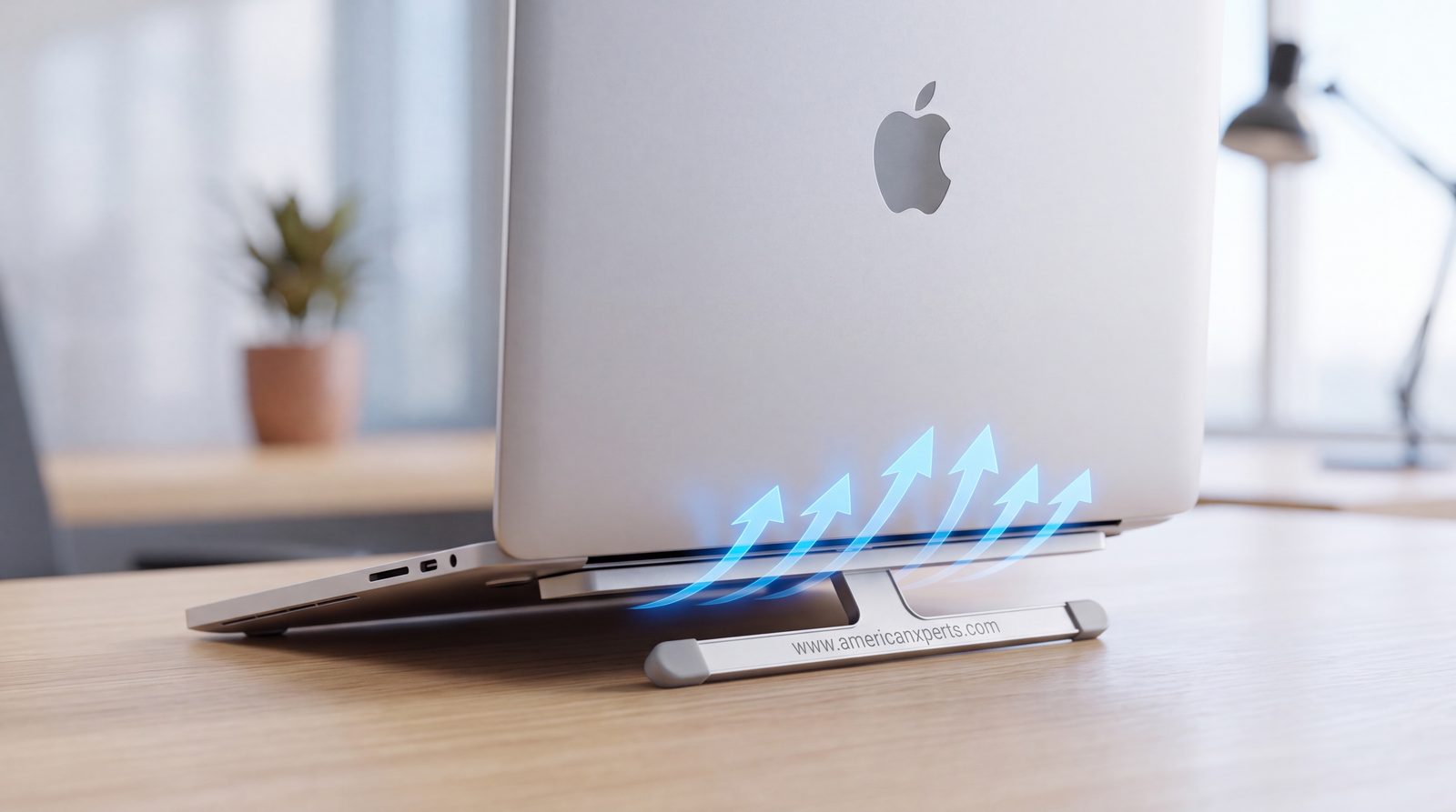 Laptop on an ultra-thin stand with blue arrows showing airflow