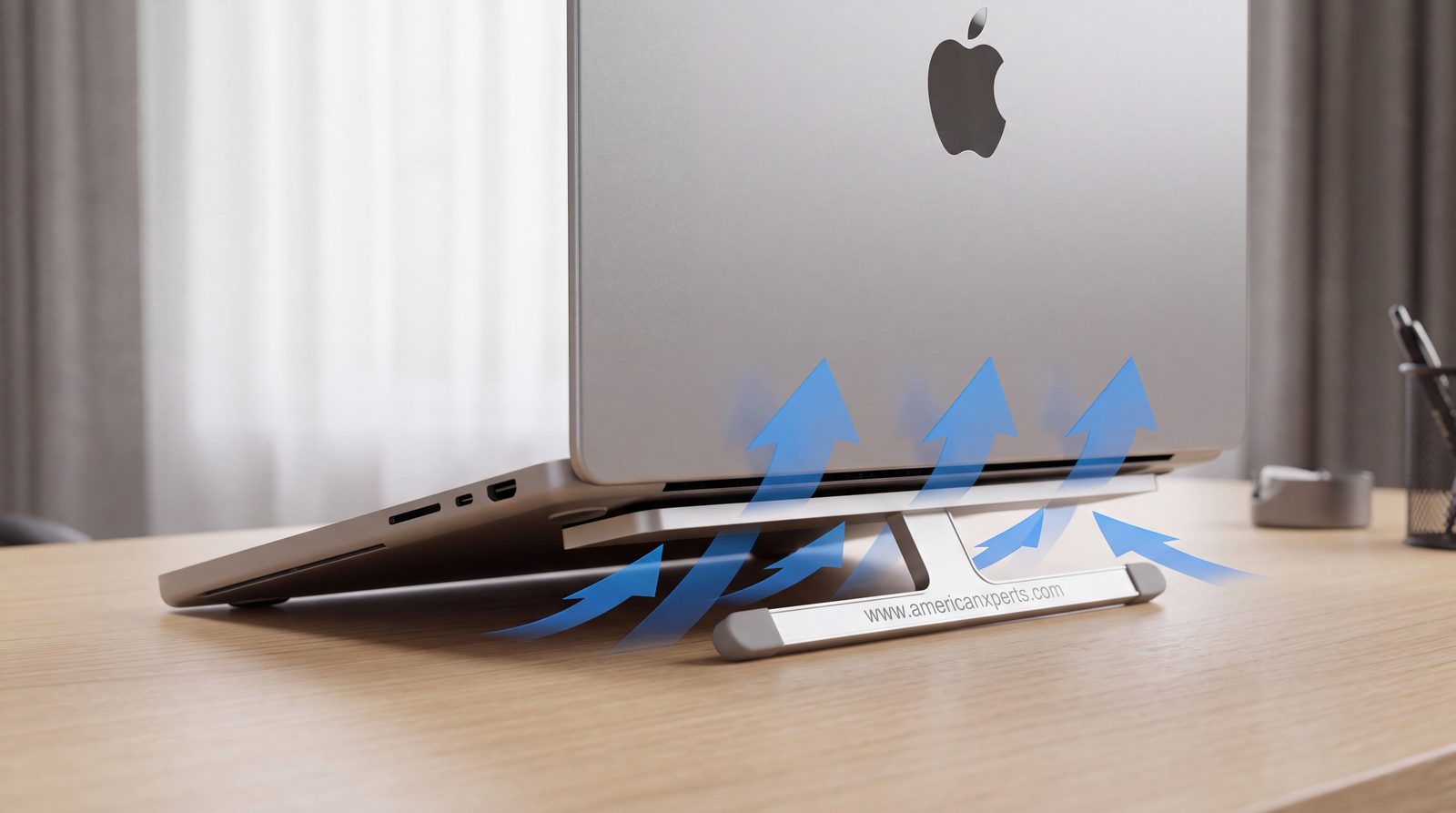 Side view of the laptop stand with airflow arrows